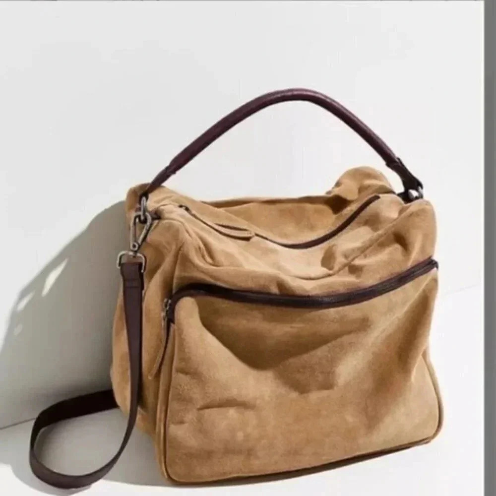 New Free People Suede Leather Slouch Crossbody Shoulder Hobo Bag Brown - Picture 2 of 11